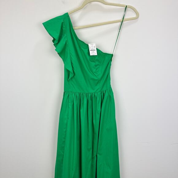 J.Crew One Shoulder Midi Dress A Line Ruffle Pockets Kelly Green US 00 NWT - Picture 4 of 12